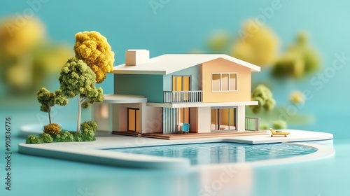 Colorful miniature house model next to a swimming pool and trees, illustrating modern architecture and serene living.