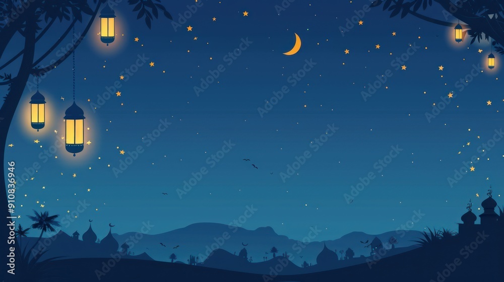 Night sky with crescent moon, stars, and lanterns. Night sky with crescent moon, stars, and lanterns.