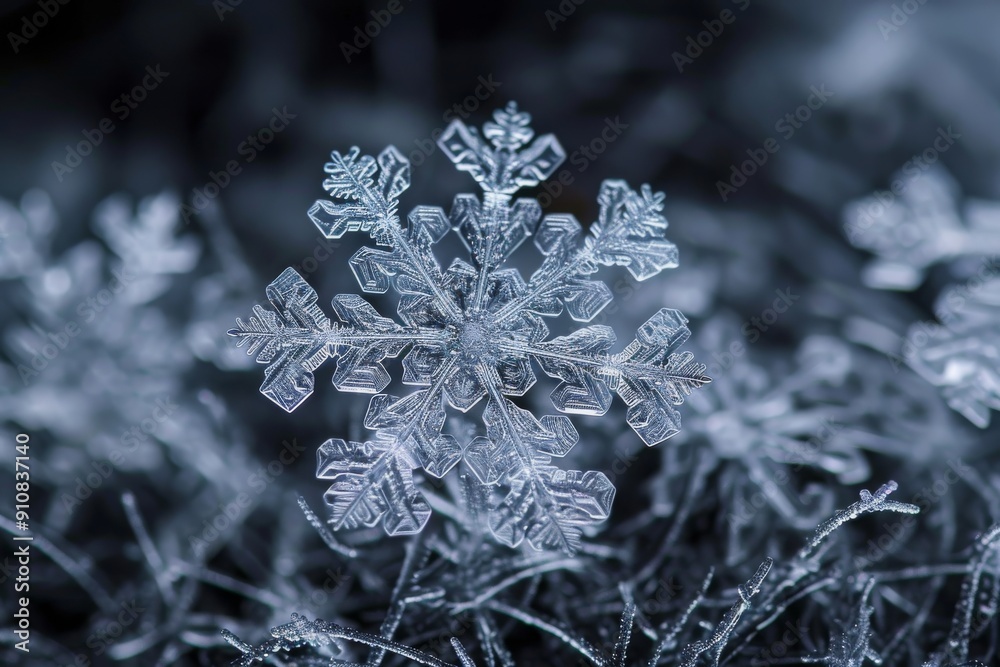 A detailed view of a single snowflake resting on the ground, showcasing its intricate crystalline structure, Snowflakes in extreme close-up, AI Generated A detailed view of a single snowflake resting on the ground, showcasing its intricate crystalline structure, Snowflakes in extreme close-up, AI Generated