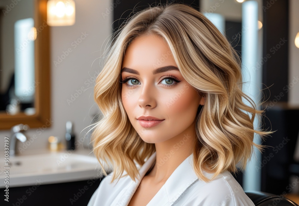 A beautiful young woman with pink hair sits at the hairdresser, showcasing her freshly cut hairstyle with a look of satisfaction A beautiful young woman with pink hair sits at the hairdresser, showcasing her freshly cut hairstyle with a look of satisfaction