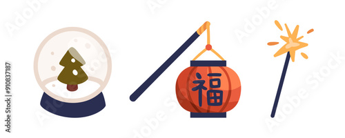 Glass snow globe, paper lantern and sparkler decorations for Chinese New Year...