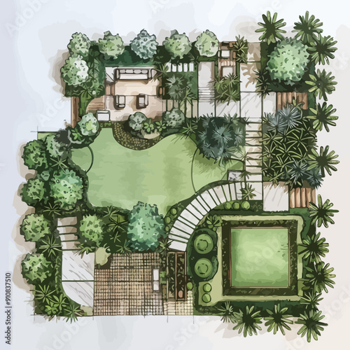 Simpleboard Layout Plans Of Private Garden Watercolor Design Vector Illustration.