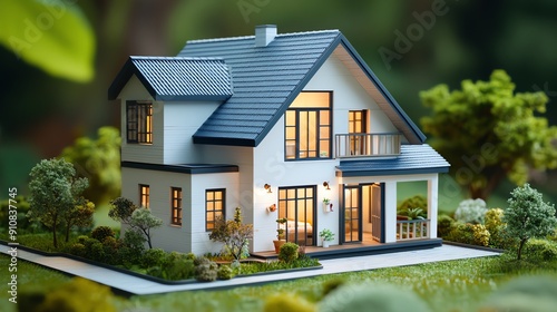 A charming model house showcasing modern architecture, surrounded by greenery, perfect for real estate and design presentations.