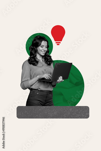 Vertical image collage young cheerful woman laptop remote work lightbulb lamp startup idea invention eureka smart think