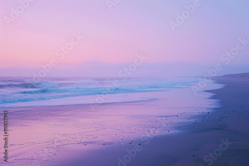 A photo capturing a pink and blue sky hanging over a beach, creating a stunning color palette, Soft gradients embodying a calm beach during twilight, AI Generated