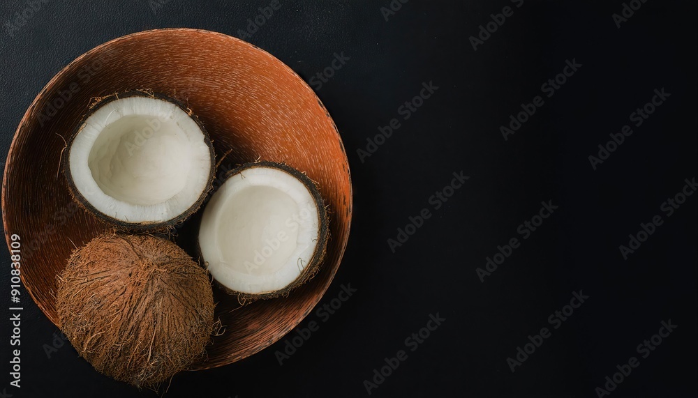 coconut in a bowl on a black background, top view, copy space coconut in a bowl on a black background, top view, copy space