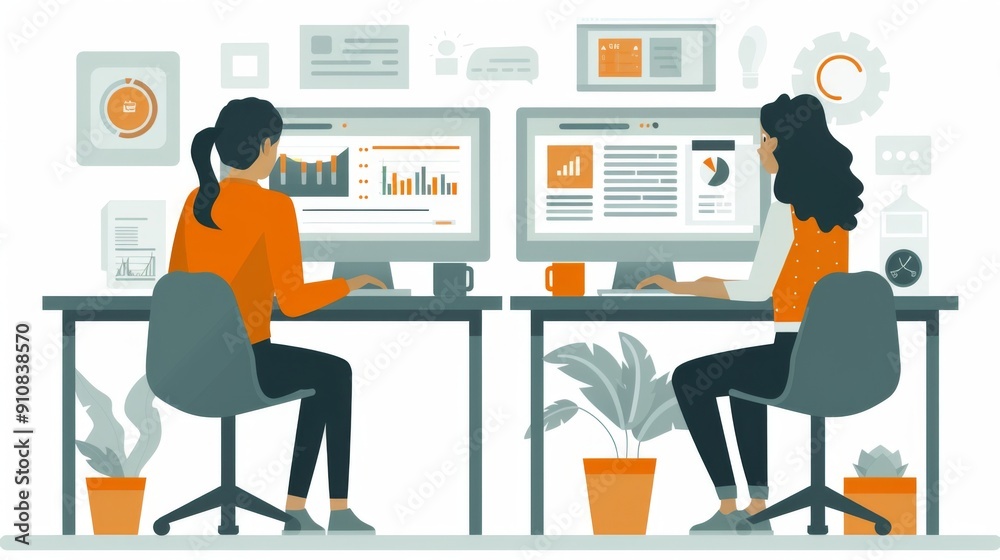 Fototapeta premium Two Women Working Together on Their Desktops