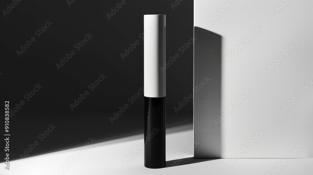 A minimalistic product shot of a black and white cosmetic tube side by side, standing upright, with a gradient background from white to black A minimalistic product shot of a black and white cosmetic tube side by side, standing upright, with a gradient background from white to black