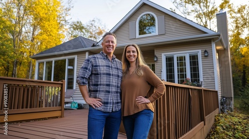 Happy homeowner couple standing in outdoor backyard deck of a newly bought house. Real estate and future planning concept