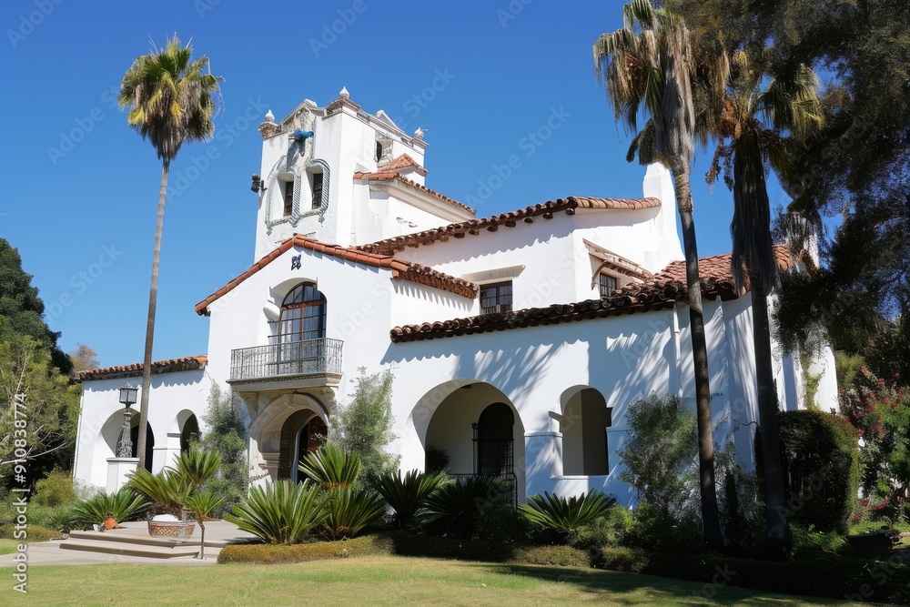 A photo showcasing a grand, white building with a prominent clock tower, standing tall against the sky, Spanish revival architecture in California, AI Generated A photo showcasing a grand, white building with a prominent clock tower, standing tall against the sky, Spanish revival architecture in California, AI Generated