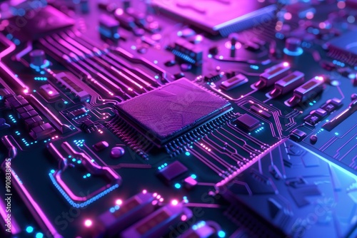 Cybersecurity and information technology. Blue, purple background with digital integrated network technology. Printed circuit board. Technology background. 3D illustration, with generative ai