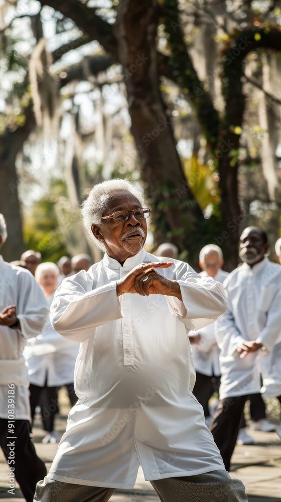 © Denisa - A group of elderly individuals practices Tai Chi together in a lush, tranquil park