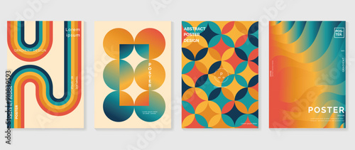 Collection of 70s poster background vector. Set of retro wall decoration, groovy, trippy, colorful line. Vintage hippie wall art for interior, decorative, banner, cover, card.