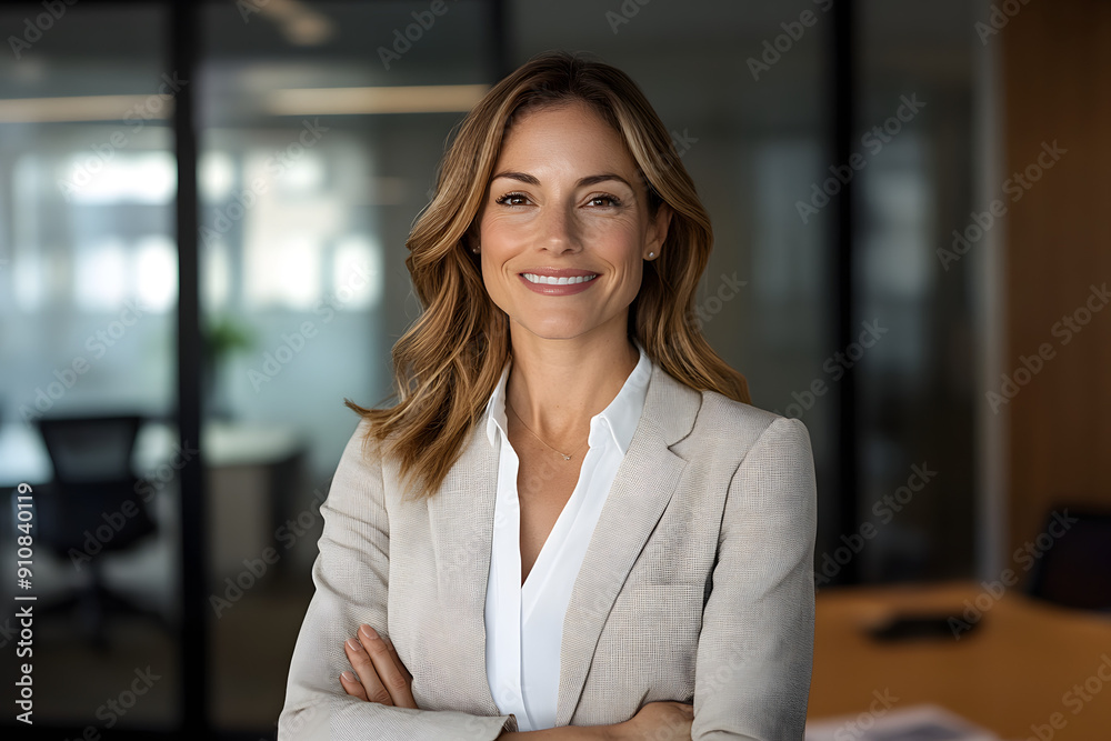 Smiling at the camera, a professional woman in her 30s wears a business outfit, with a light background behind her Smiling at the camera, a professional woman in her 30s wears a business outfit, with a light background behind her