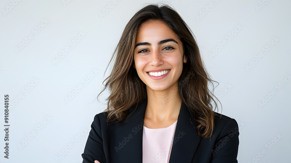 Smiling at the camera, a professional woman in her 30s wears a business outfit, with a light background behind her Smiling at the camera, a professional woman in her 30s wears a business outfit, with a light background behind her