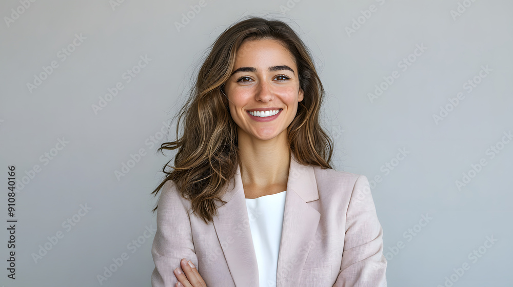 Smiling at the camera, a professional woman in her 30s wears a business outfit, with a light background behind her Smiling at the camera, a professional woman in her 30s wears a business outfit, with a light background behind her