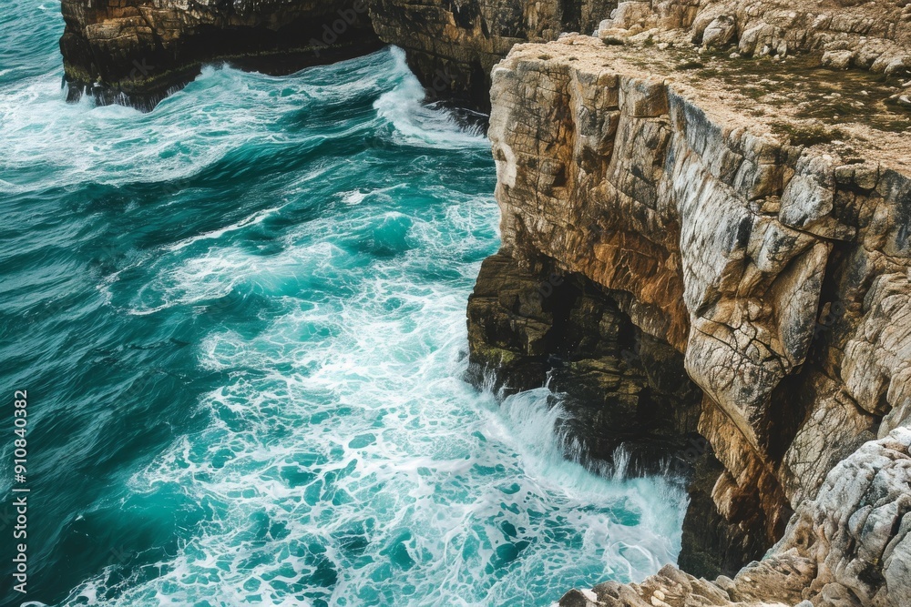 Obraz premium A rocky cliff overlooking a body of water, offering a rugged and scenic view, Spectacular view of cliffs alongside the turbulent Atlantic Ocean, AI Generated