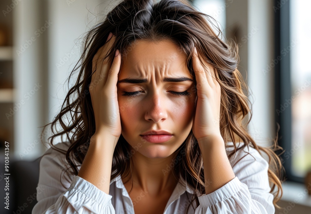 Young Woman in Distress at Home: Gripping Head in Overwhelm Young Woman in Distress at Home: Gripping Head in Overwhelm
