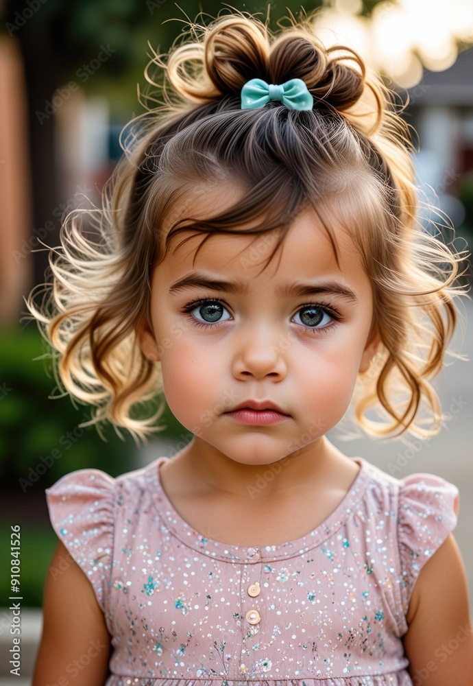 Skeptical Toddler Girl with Whimsical Hairdo in Suburban Setting Skeptical Toddler Girl with Whimsical Hairdo in Suburban Setting