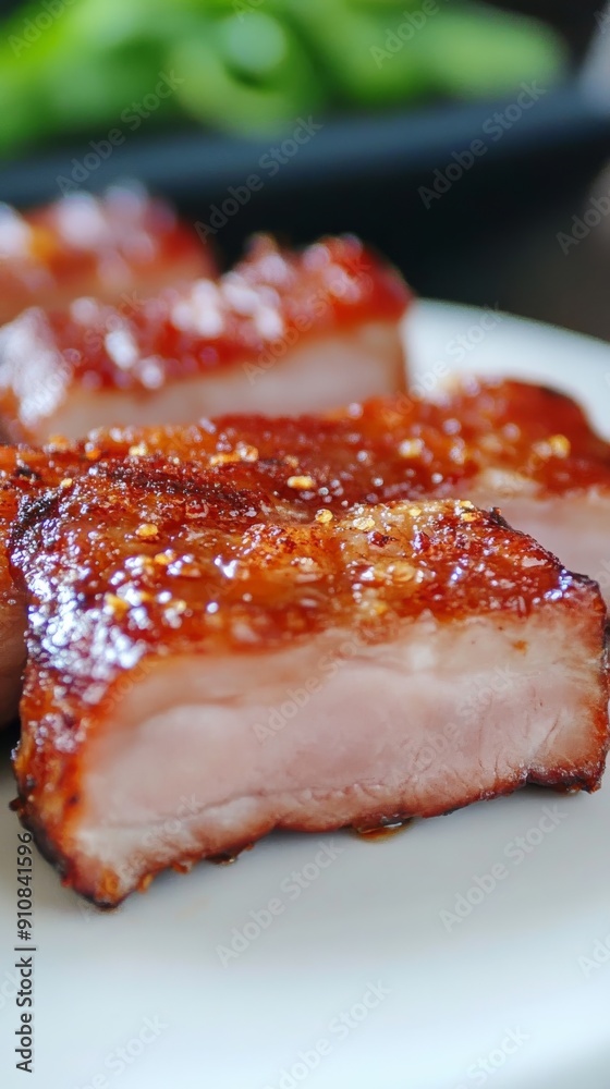 A tempting close-up photo of juicy, grilled pork ribs with a caramelized crust, arranged on a white plate, ideal for BBQ enthusiasts looking for a mouth-watering meal. A tempting close-up photo of juicy, grilled pork ribs with a caramelized crust, arranged on a white plate, ideal for BBQ enthusiasts looking for a mouth-watering meal.