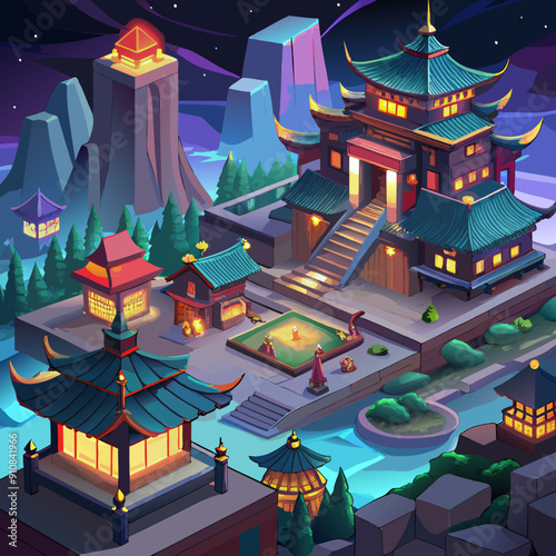 Indie mmorpg china city evening streets  pictured from sky illustration 