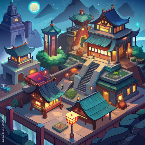 Indie mmorpg china city evening streets  pictured from sky illustration 