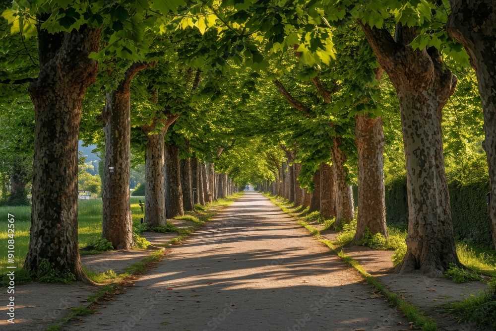 A picturesque road stretches ahead, flanked by tall trees on both sides, creating a captivating scene, Straight pathway under the shade of a poplar tree alley in a park, AI Generated A picturesque road stretches ahead, flanked by tall trees on both sides, creating a captivating scene, Straight pathway under the shade of a poplar tree alley in a park, AI Generated
