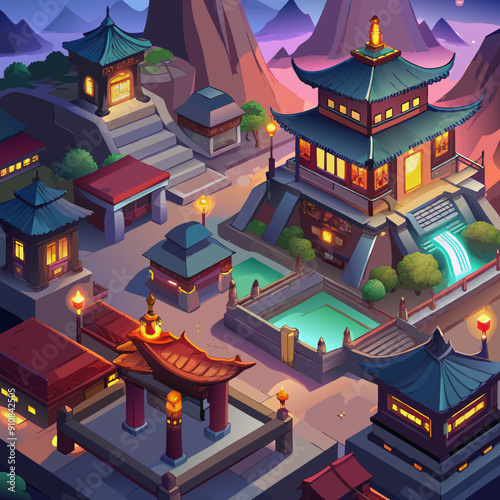 Indie mmorpg china city evening streets  pictured from sky illustration 