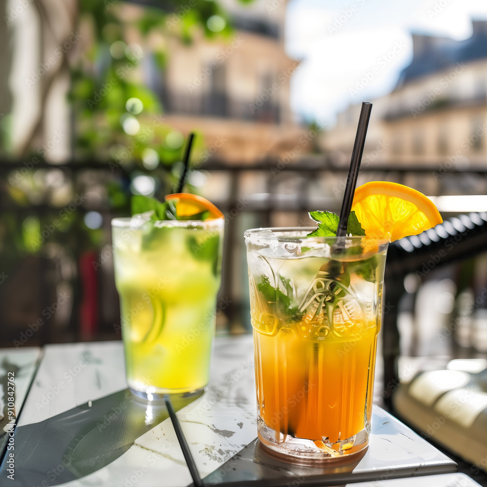 Deux cocktails sur une terrasse parisienne mojito et tequila sunrise Deux cocktails sur une terrasse parisienne mojito et tequila sunrise