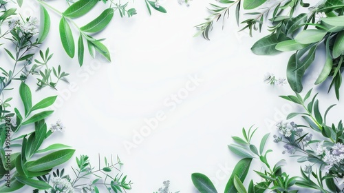 Wallpaper Mural Green leaves and white flowers arranged in a frame on a white background. Torontodigital.ca