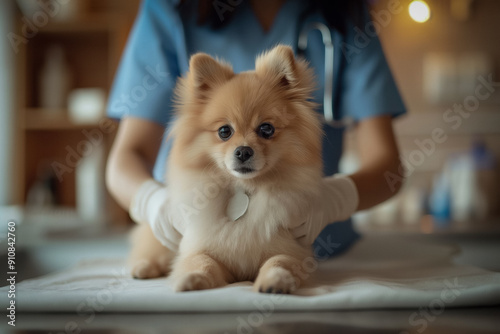 Professional groomer cutting pomeranian dog's fur with scissors at grooming salon photo