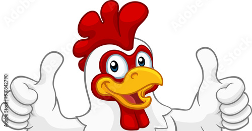 A chicken rooster cockerel bird cartoon character peeking over a sign and giving a double thumbs up