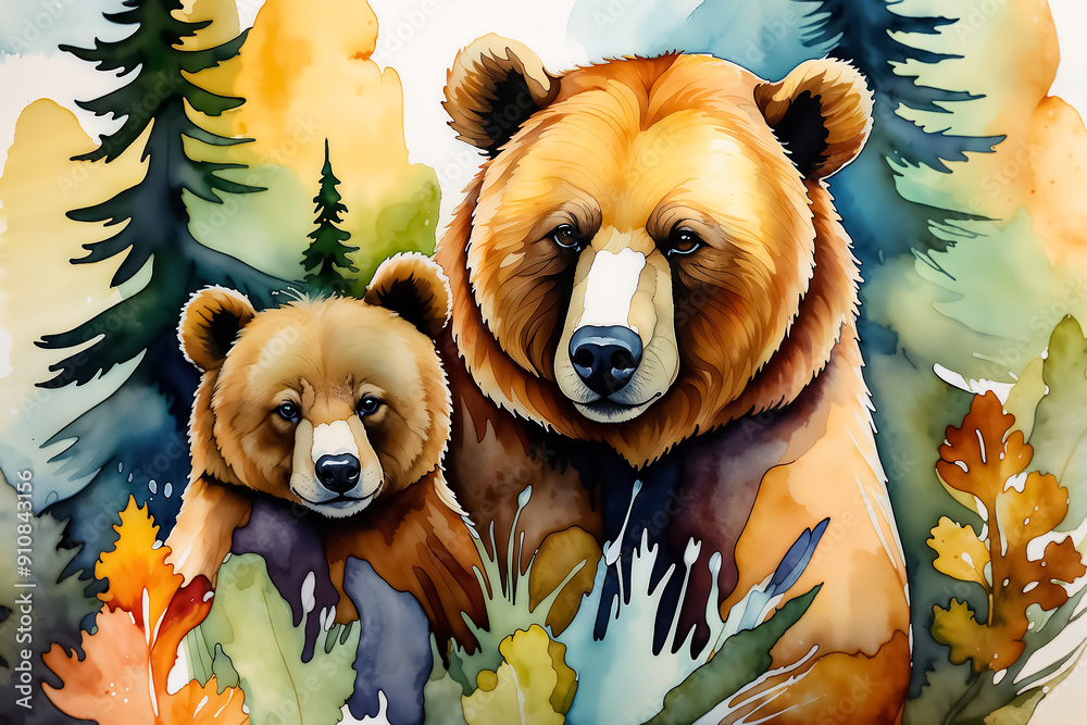 Bear and cub in a forest. Watercolor illustration with trees and ...