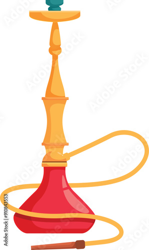 Golden hookah pipe standing with long yellow tube for smoking flavored tobacco