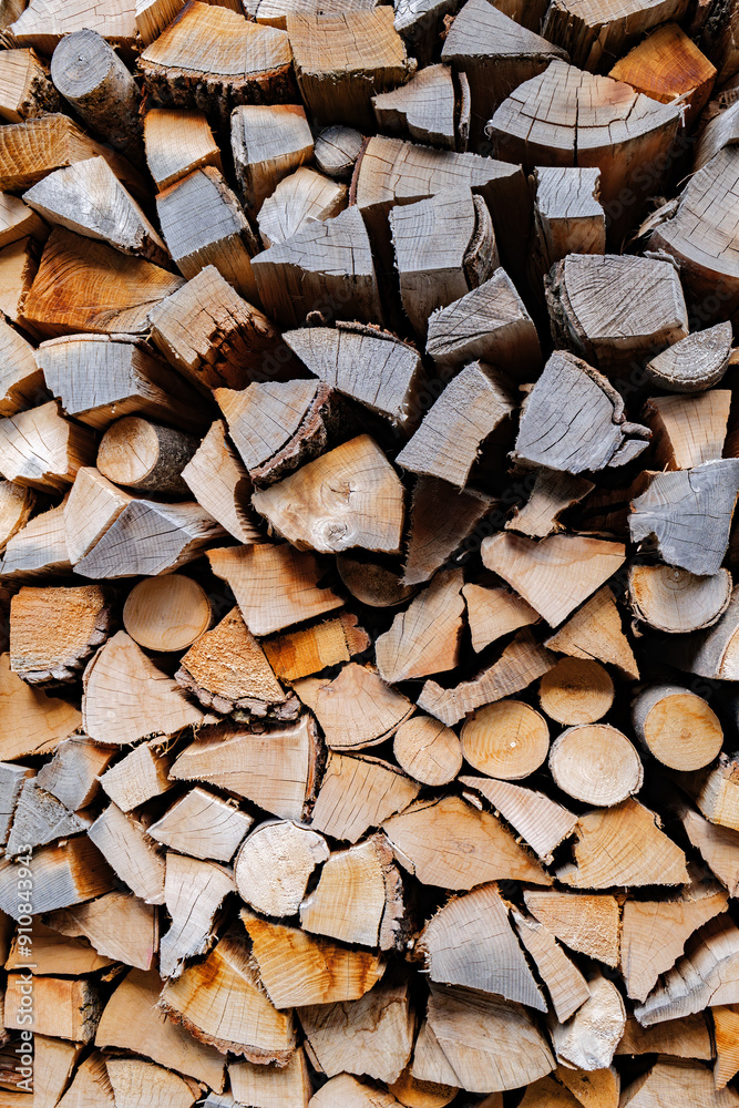 Pontechianle, Italy. Wooden logs stacked on the wall of a mountain house. Firewood pieces pattern background. Vertical image.