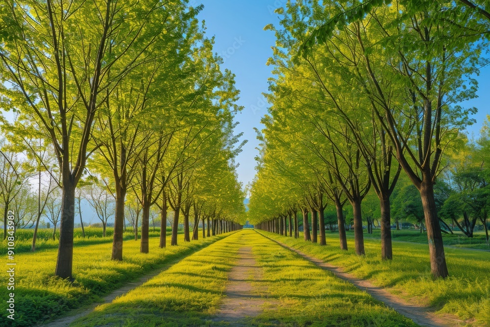 An artwork depicting a road stretching into the distance, enclosed by trees on either side, Stunning tree alley in a park under a clear blue sky, AI Generated An artwork depicting a road stretching into the distance, enclosed by trees on either side, Stunning tree alley in a park under a clear blue sky, AI Generated