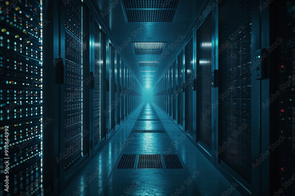 This photo captures a long hallway filled with rows of servers, showcasing the technological infrastructure of a data center, Subtle, minimalistic portrayal of a data warehouse, AI Generated This photo captures a long hallway filled with rows of servers, showcasing the technological infrastructure of a data center, Subtle, minimalistic portrayal of a data warehouse, AI Generated