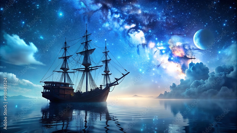 Celestial Voyage: A Pirate Ship Navigates a Bioluminescent Sea Beneath a Starry Sky  Generative AI