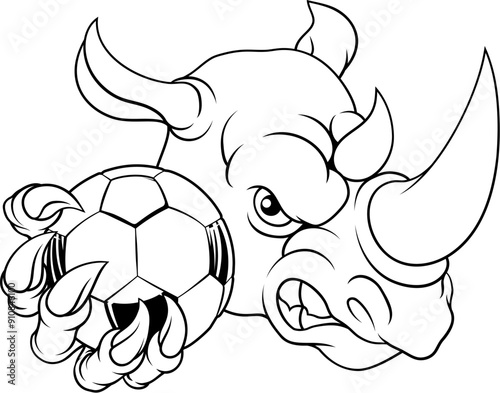 A rhino or rhinoceros cartoon sports mascot holding a soccer football ball