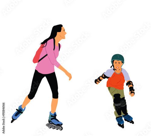 Happy family brother and sister roller skating couple enjoying in ride rolling vector illustration isolated. Skater boy and girl riding wheels. Rollerblading outdoor sport activity. Active child enjoy