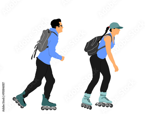 Roller skating couple in love enjoying in ride rolling vector illustration isolated. Skater boy riding wheels with skater girl. Young woman and man rollerblading with backpacks. Outdoor sport activity