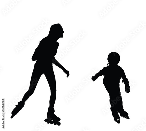 Happy family brother, sister roller skating couple enjoying in ride rolling vector silhouette illustration isolated. Skater boy and girl riding wheels. Rollerblading sport activity. Active child enjoy
