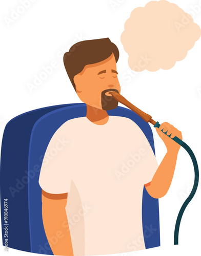 Bearded man relaxing on blue armchair smoking hookah