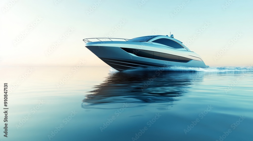 A chic motorboat with a streamlined pearl white design cutting swiftly through calm, transparent waters, producing a sleek, smooth wake.