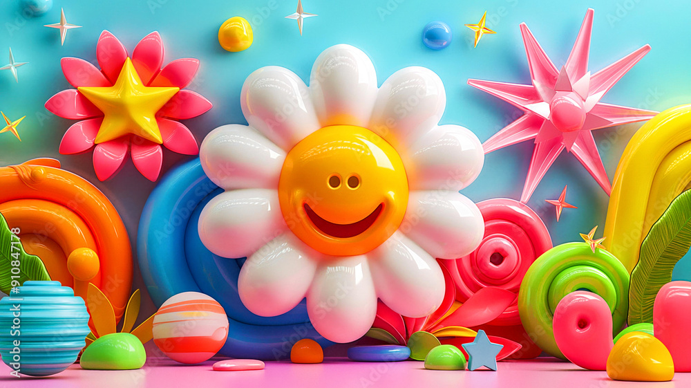Fototapeta premium Colorful, cartoonish scene with a smiling flower, colorful, playful shapes and elements and stars