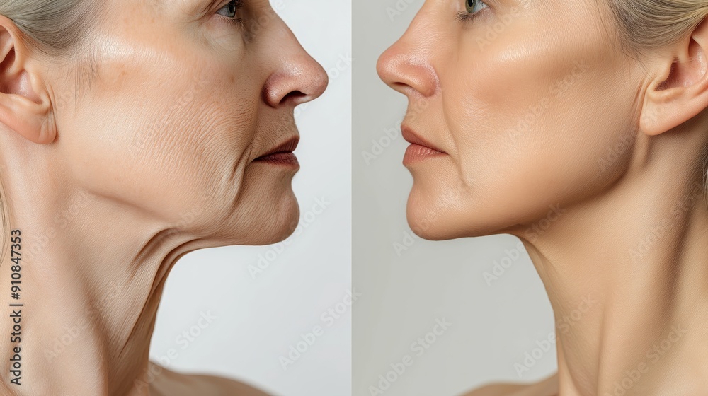 Before and After Comparison of Wrinkled and Smooth Skin on Mature Woman, Anti-Aging Procedures