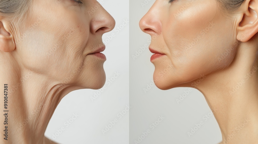 Before and After Comparison of Wrinkled and Smooth Skin on Mature Woman, Anti-Aging Procedures