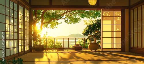 Sunset View from a Japanese-Style Room with Sliding Doors photo