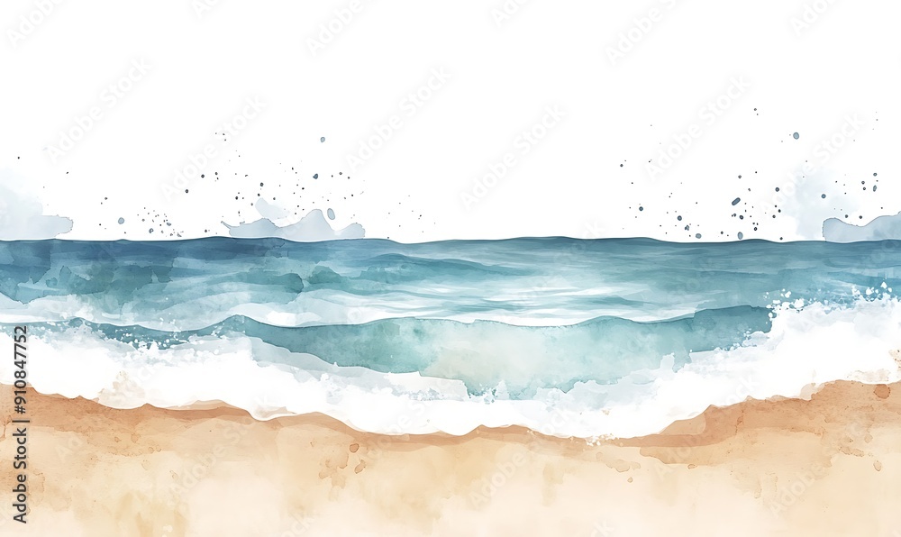 Watercolor Painting of Ocean Waves Crashing on Sandy Beach Watercolor Painting of Ocean Waves Crashing on Sandy Beach