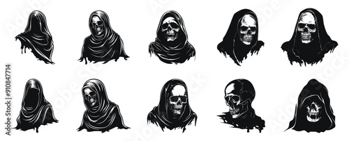 Hooded skeletons with eerie expressions, vector silhouette illustration. Set of hooded grim reaper death figures in various poses, ideal for Halloween and horror themes.